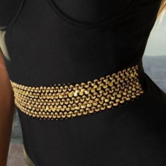 Sz L LUXURY One-Piece Black Bathing Suit Pushup Gold Detail Elegant - Picture 7 of 16